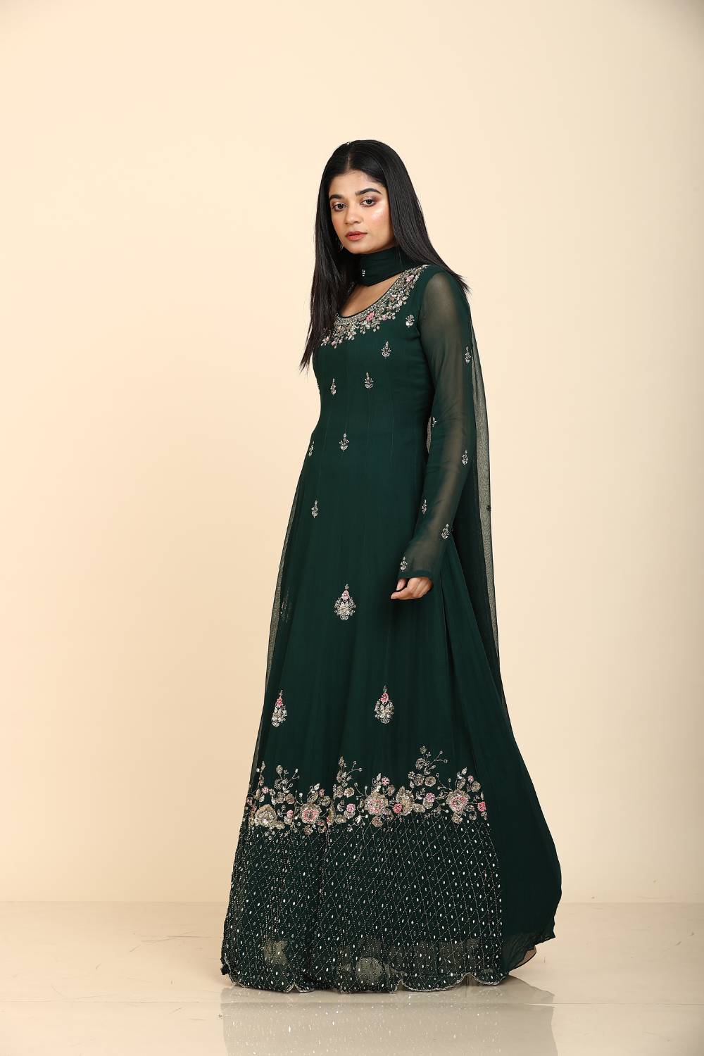 Elegant Bottle Green Anarkali Suit with Georgette Fabric and Daman Jaal Embroidery