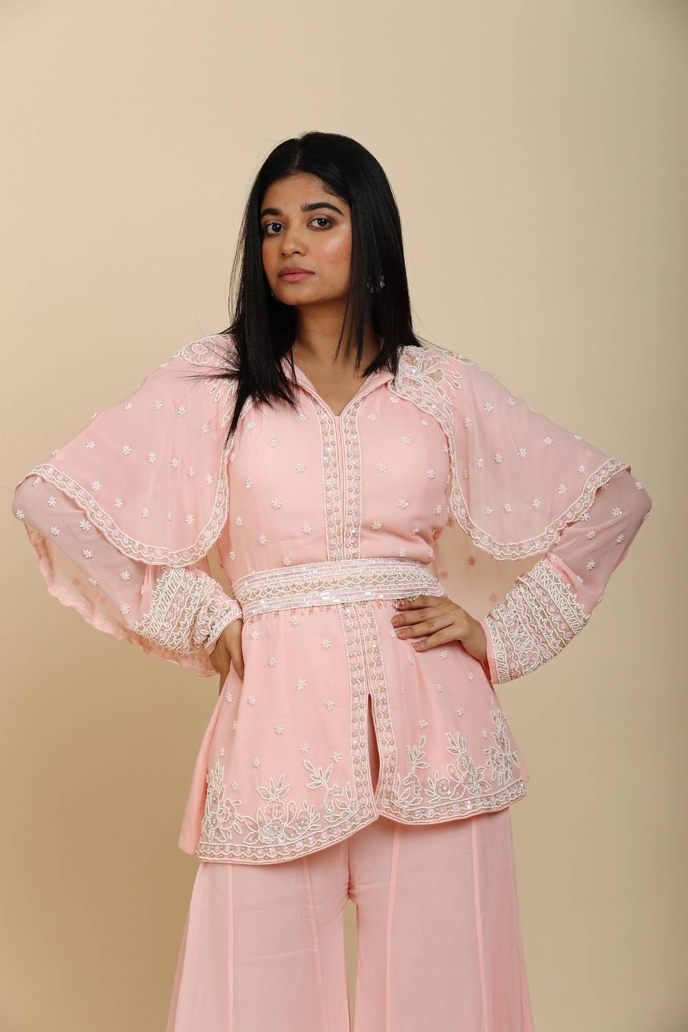 Peechish pink Georgette top attached shrugs with moti work