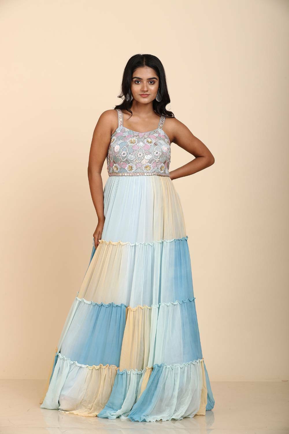 Stunning Multicolor Sequin Georgette Layered Gown