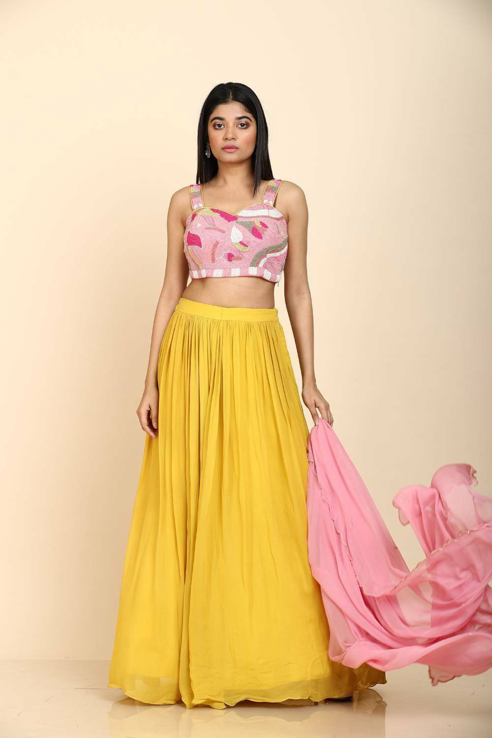 Mustard yellow & pink Georgette lehenga and pink dupatta colourful chid work