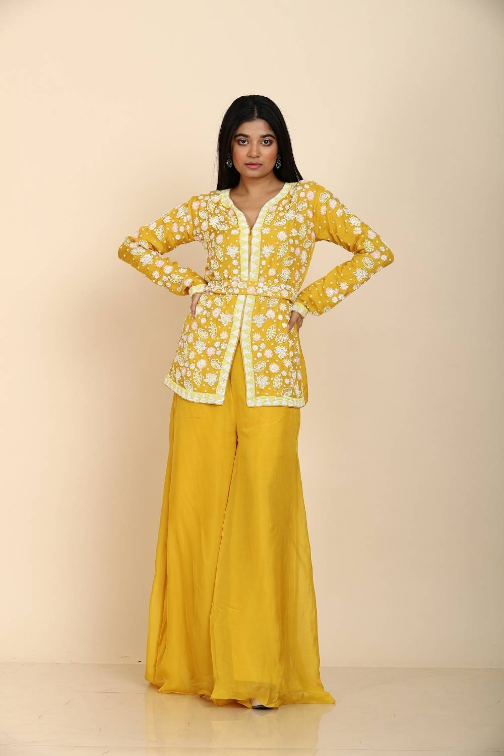 Mustard yellow organza coloured sequins embroidery top with flared palazzo belt