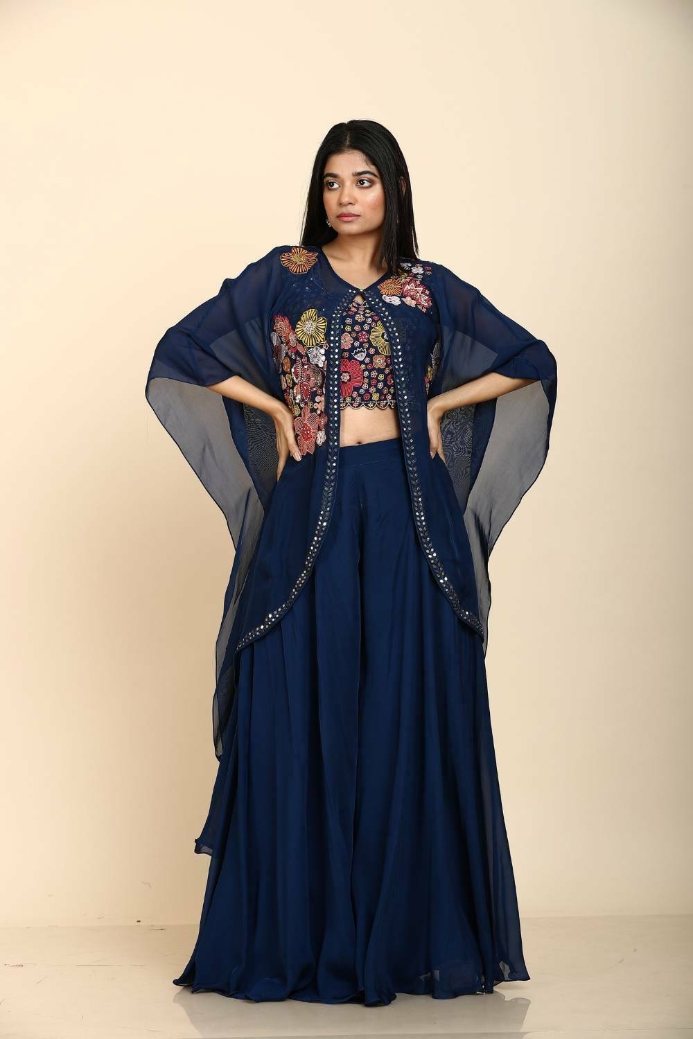 Blue resham coloured with moti and mirror work palazzo blouse with jacket