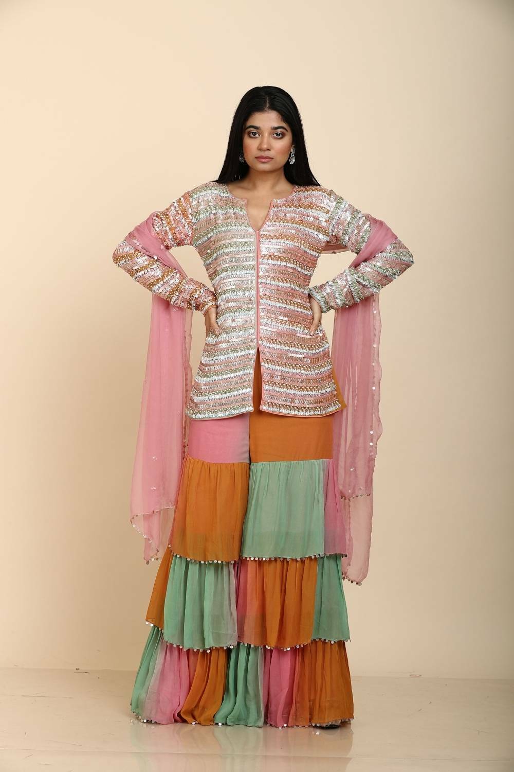 Georgette top with three layered palazzo in 3D colour with dupatta