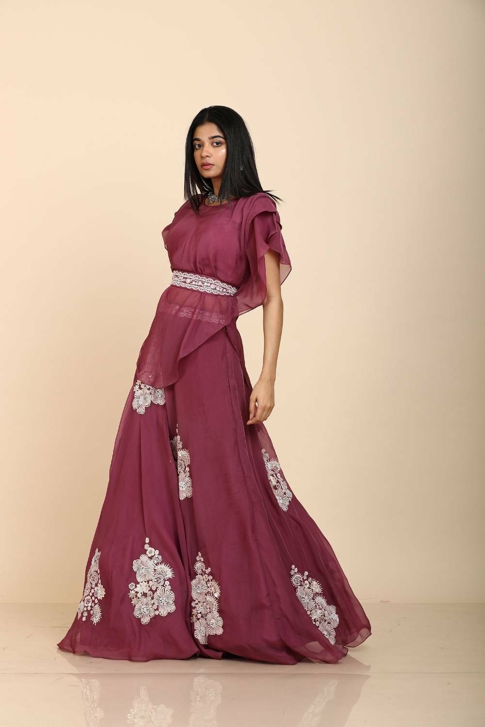 Plum organza layered top with skirt resham and mirror embroidery