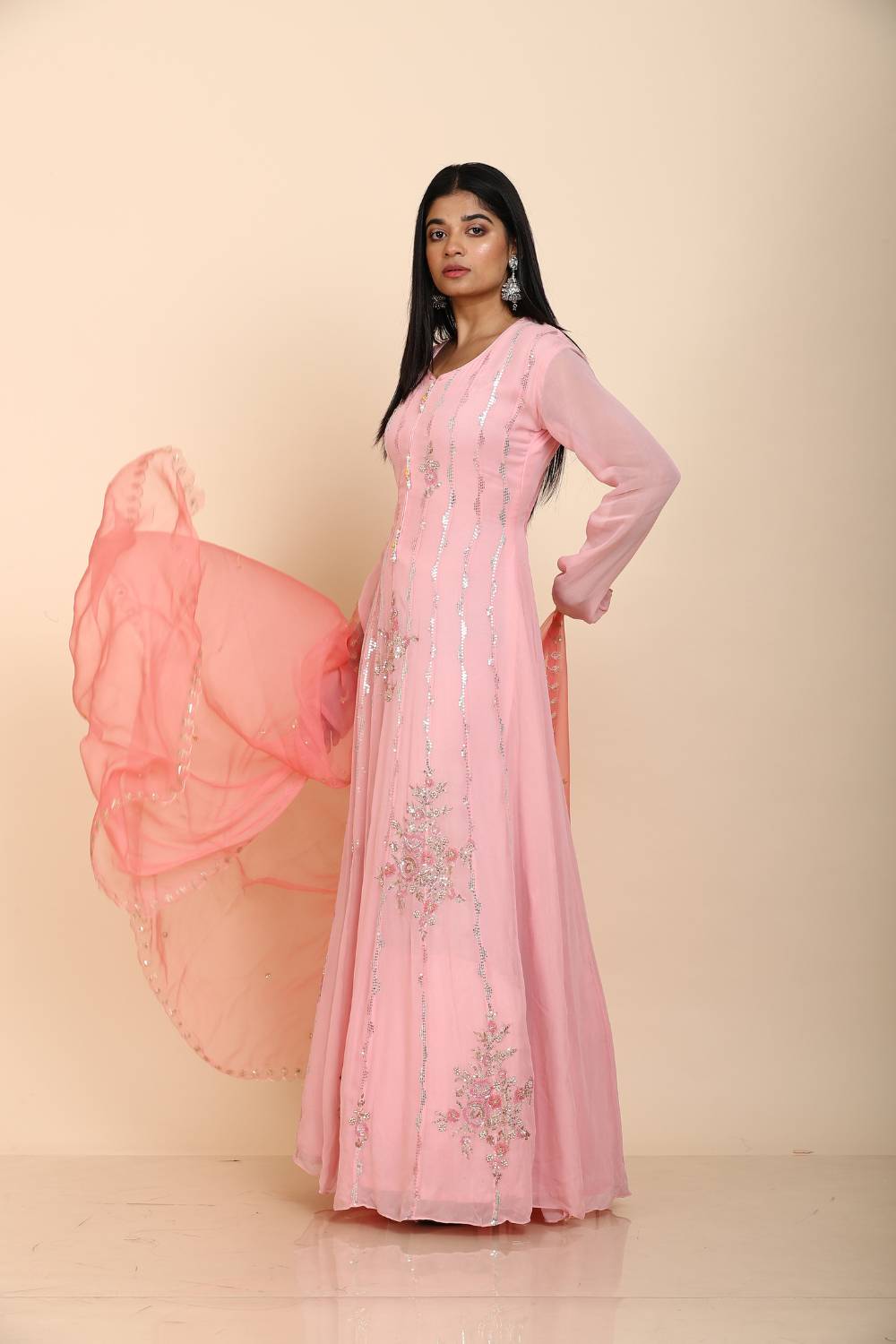 Pink Anarkali with colourful sequins embroidery work
