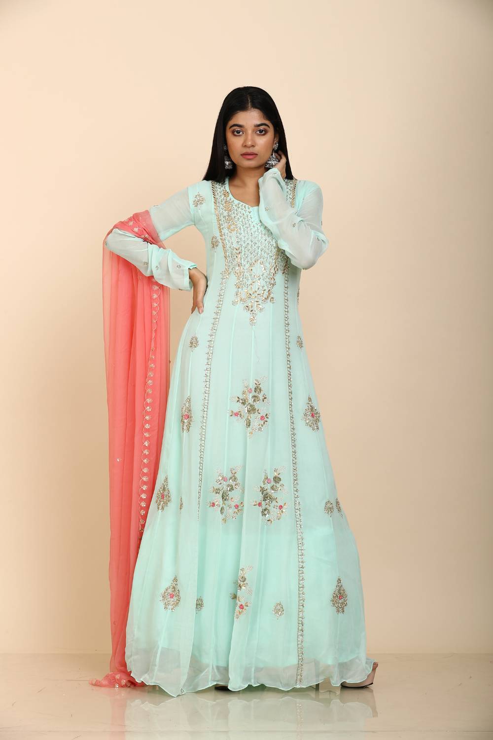 Mint green Anarkali suit with gota zari moti and floral embroidery