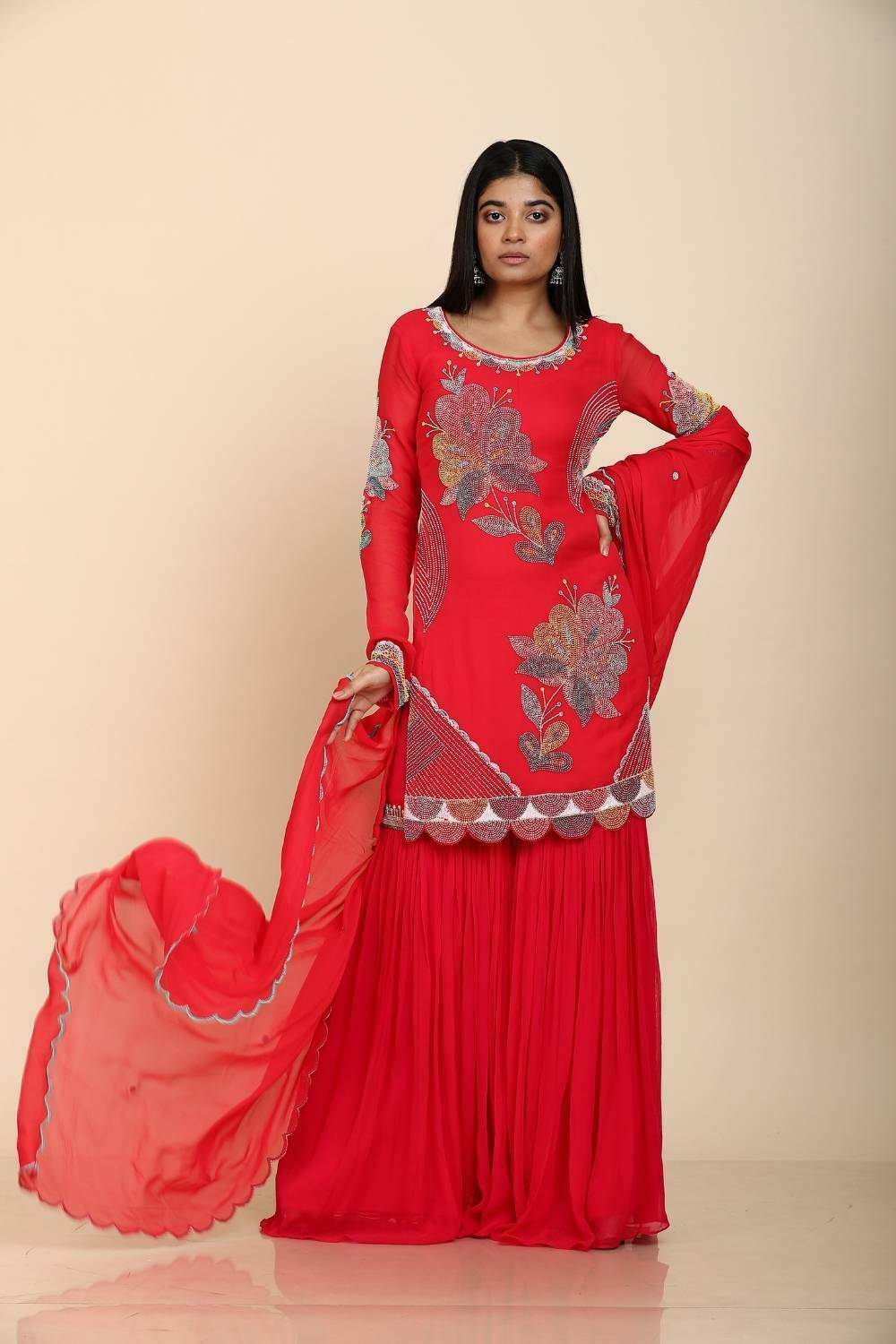 Red georgette sharara set with colourful chid work