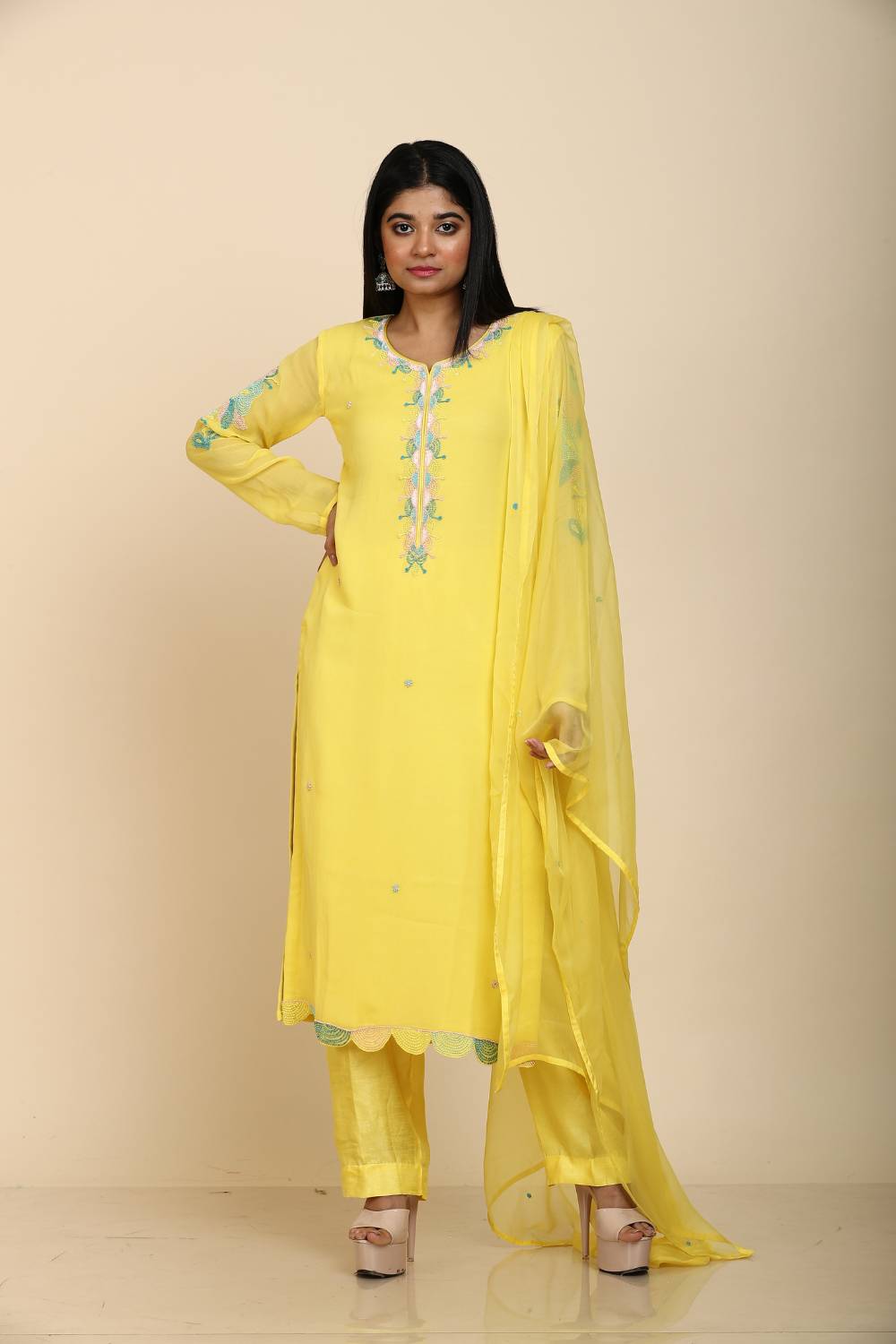 Yellow straight kurta in Georgette set with pant and dupatta