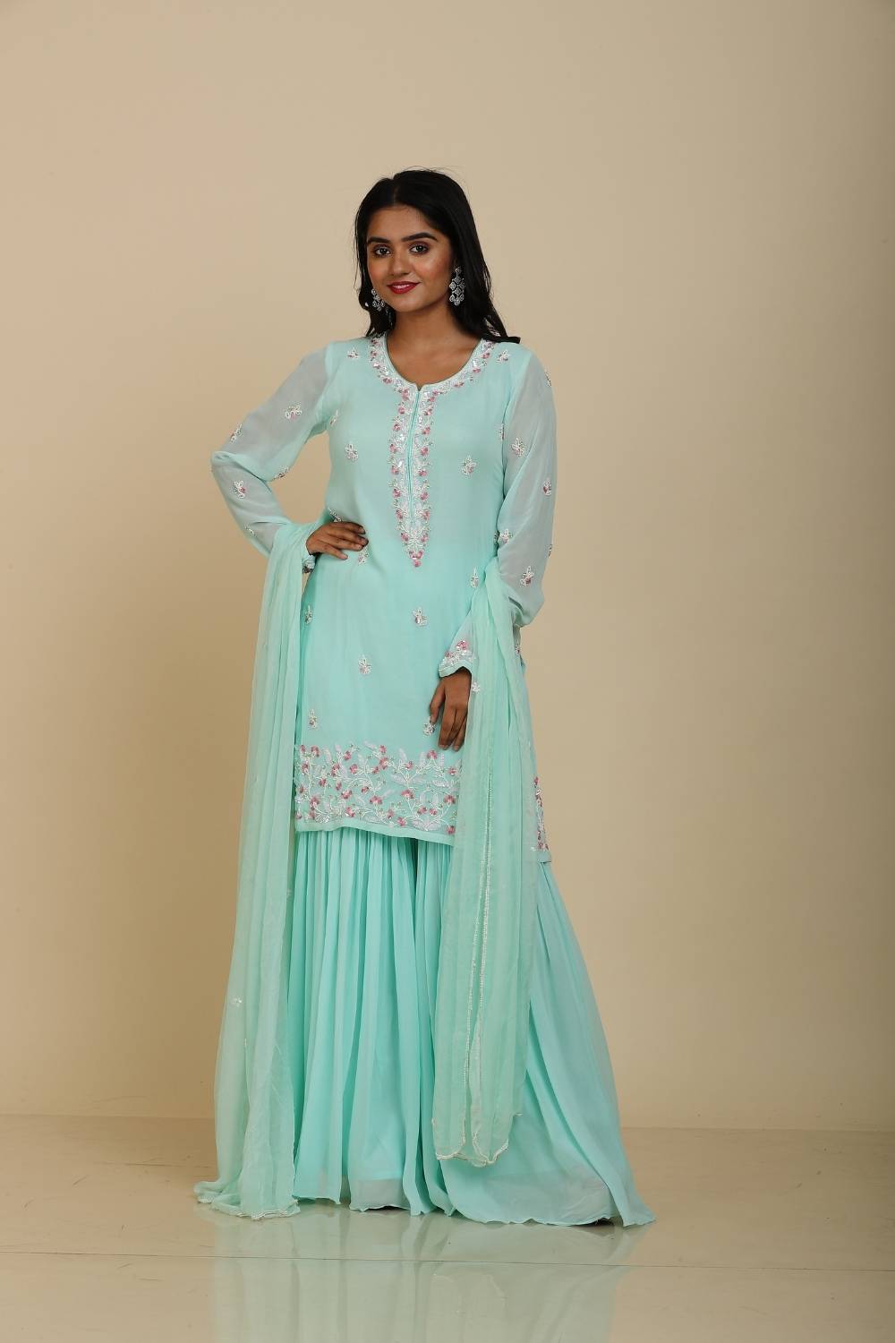 Sea green Georgette Sharara set with moti and colourful sequins work