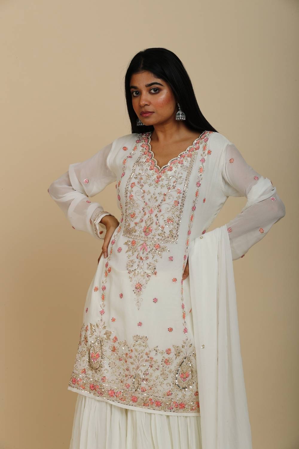 Off white Georgette sequins and thread work sharara set