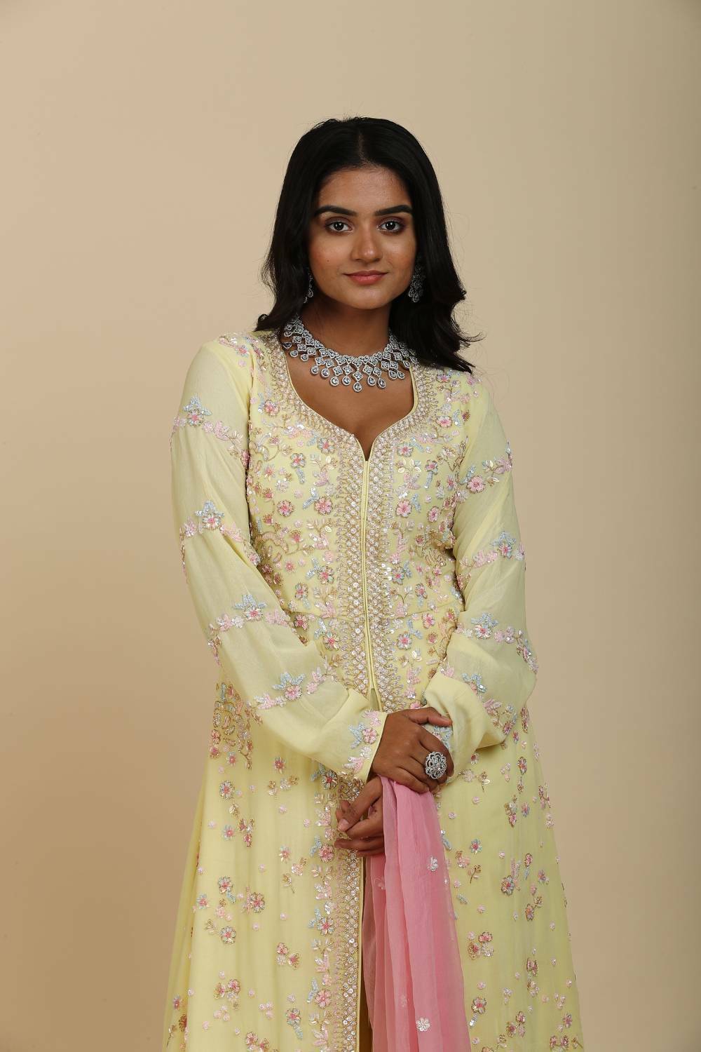 Lemon georgette coloured Sequins work heavy kurta with kalidar palazzo